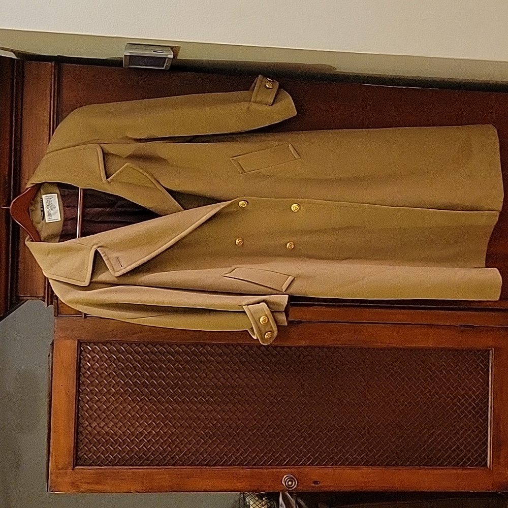 Vintage International Scene Long Tan Double Breasted Coat with Gold Buttons 7/8